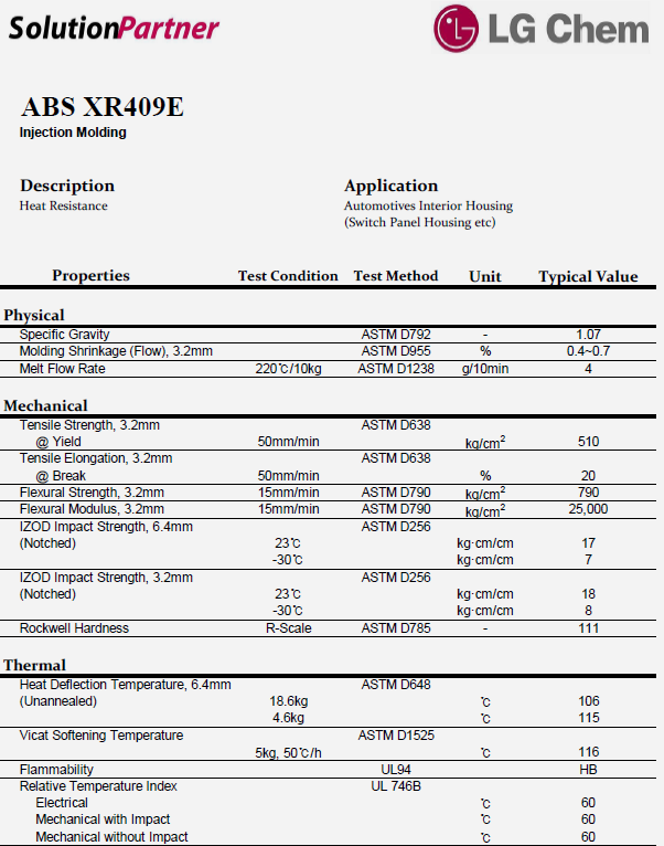 韓國LG ABS XR409E物性表(英文)